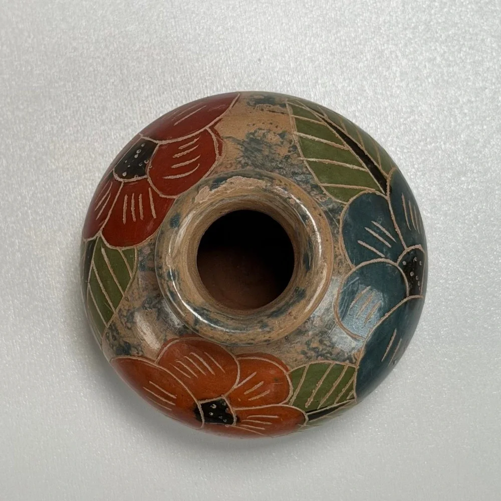 Vintage Floral‎ Pottery Bud Vase Small Multicolor Etched Folk Art Hand Painted